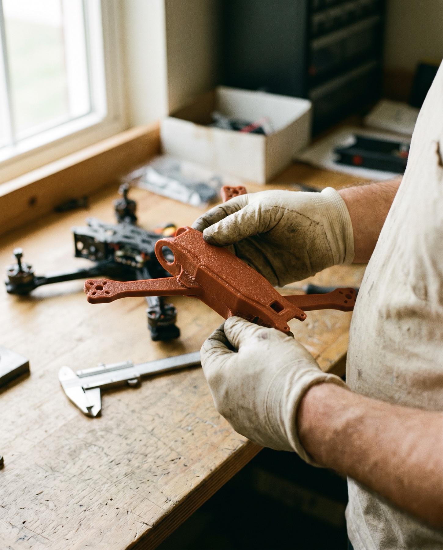 Engineer holding a 3D-printed drone frame component in the Fisher Tech workshop