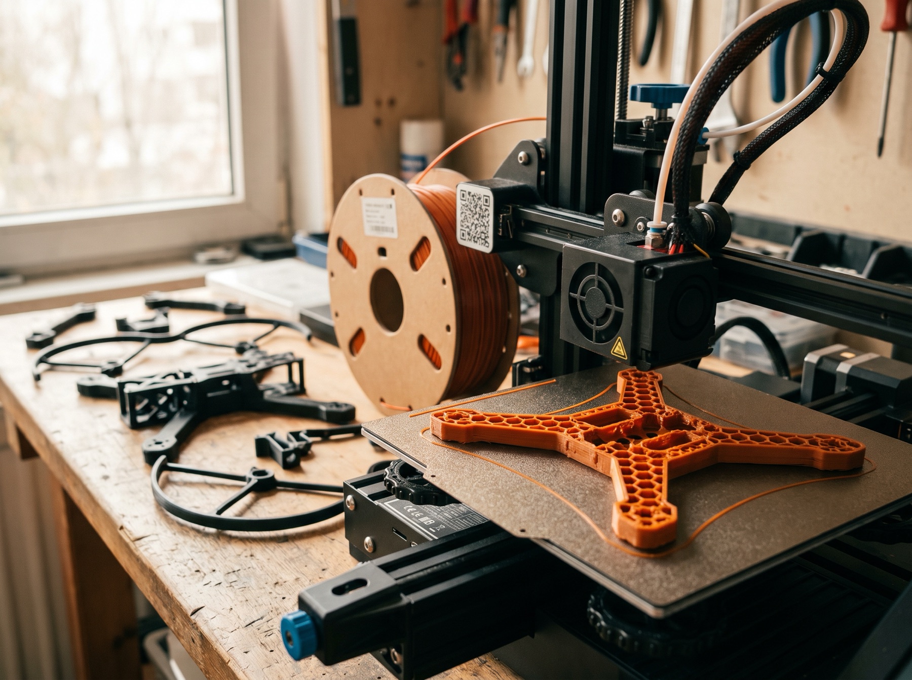 3D printer in the Fisher Tech workshop printing an orange drone arm bracket